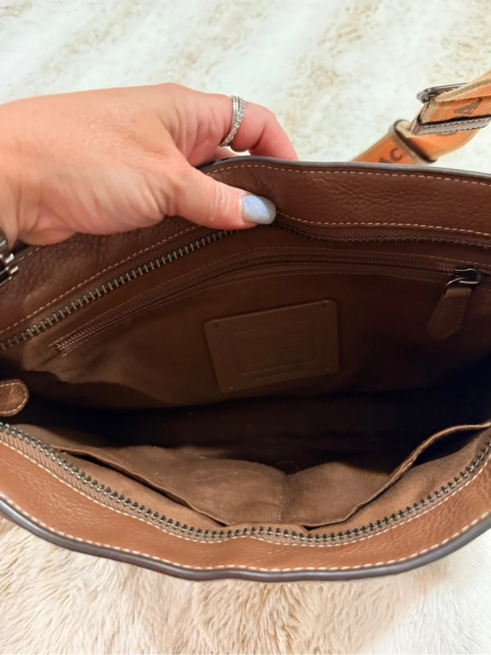 COACH Signature Jacquard Crossbody Bag Brown Tan Orange Logo Strap